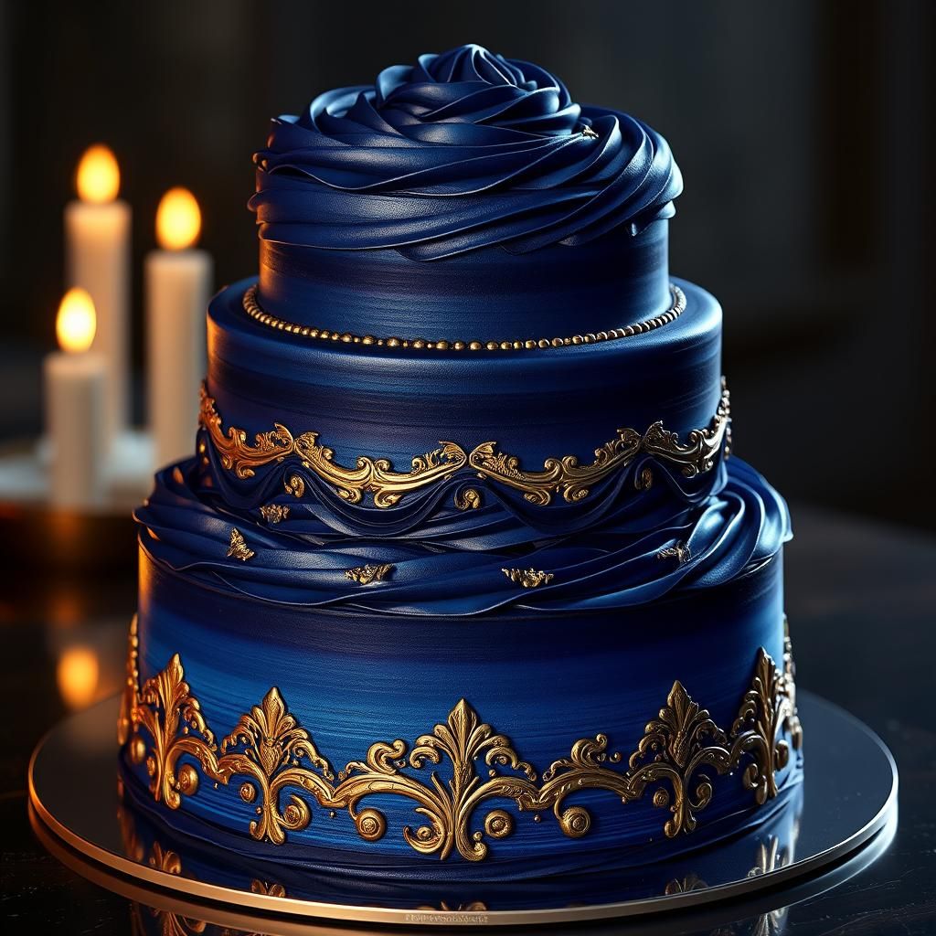 A layered cake with vibrant dark blue ombre frosting and edible gold