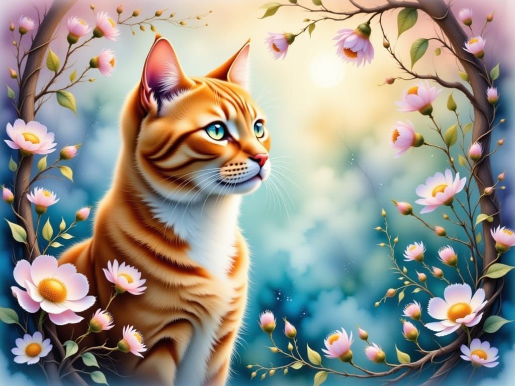 <lora:Etherealisim:1.0> Alcohol ink painting with softly glowing mist swirls. Closeup shot. A beautiful ginger cat amidst delicate vines and...