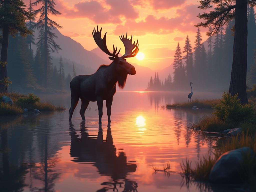 Moose standing in a mountain pond at sunset  by @Char