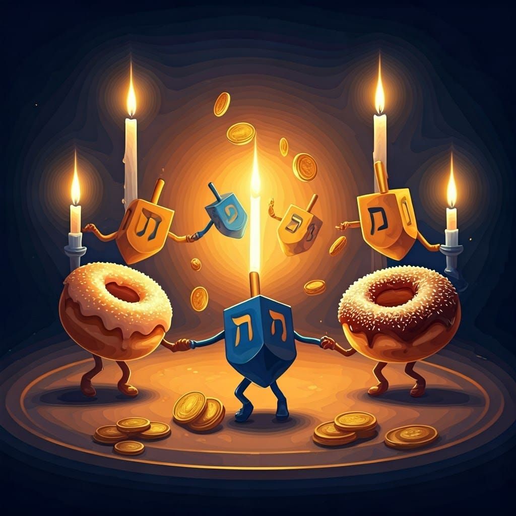 Joyful Hanukkah Celebration with Dancing Dreidels and Sufgan...