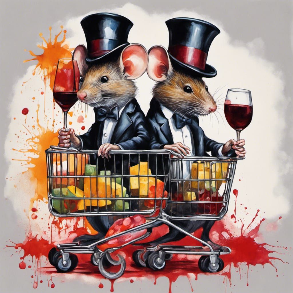After shopping, two mice enjoying their wine.