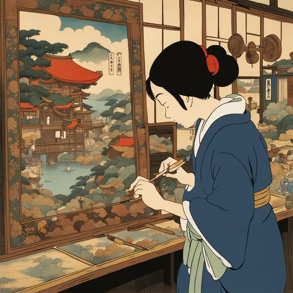 Woman painting an ukiyo-e