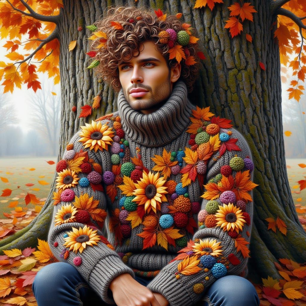 <lora:kak-Autumnal:1.0>A handsome man with curly hair, intertwined with colorful Autumn leaves, he wears an oversized sweater intertwined wi...