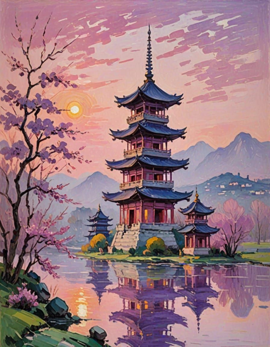 Twin Stone Pagodas in Spring, China, sunset, pink and purple colour scheme, by Berthe Morisot, Impressionism, ...  by @Poemata66