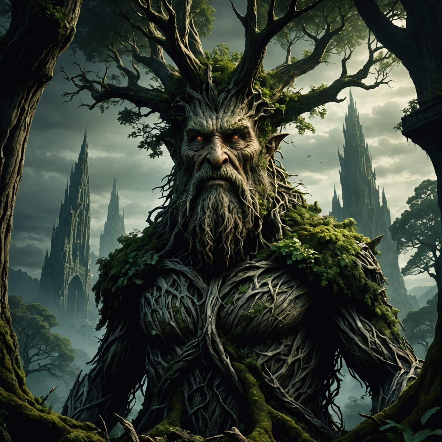 Treebeard, towering, Orthanc, digital painting, hyper-realistic, fantasy, surrealist, cinematic lighting, dark atmosphere, 16k UHD, stunning...