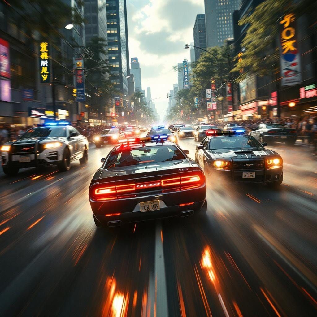 High-Speed Police Pursuit in Dystopian Cityscape