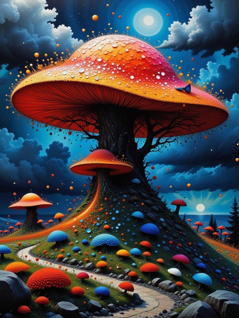 {<lora:SOS LADIES NIGHT:1.0>
ULTRA INTENSE TRANSMOGRIFY-ULTRA-VISIBLE-VISUALIZED-OVERSIZED-MUSHROOM-COTTAGE-DRIVE-IN-DINER covered with mult...