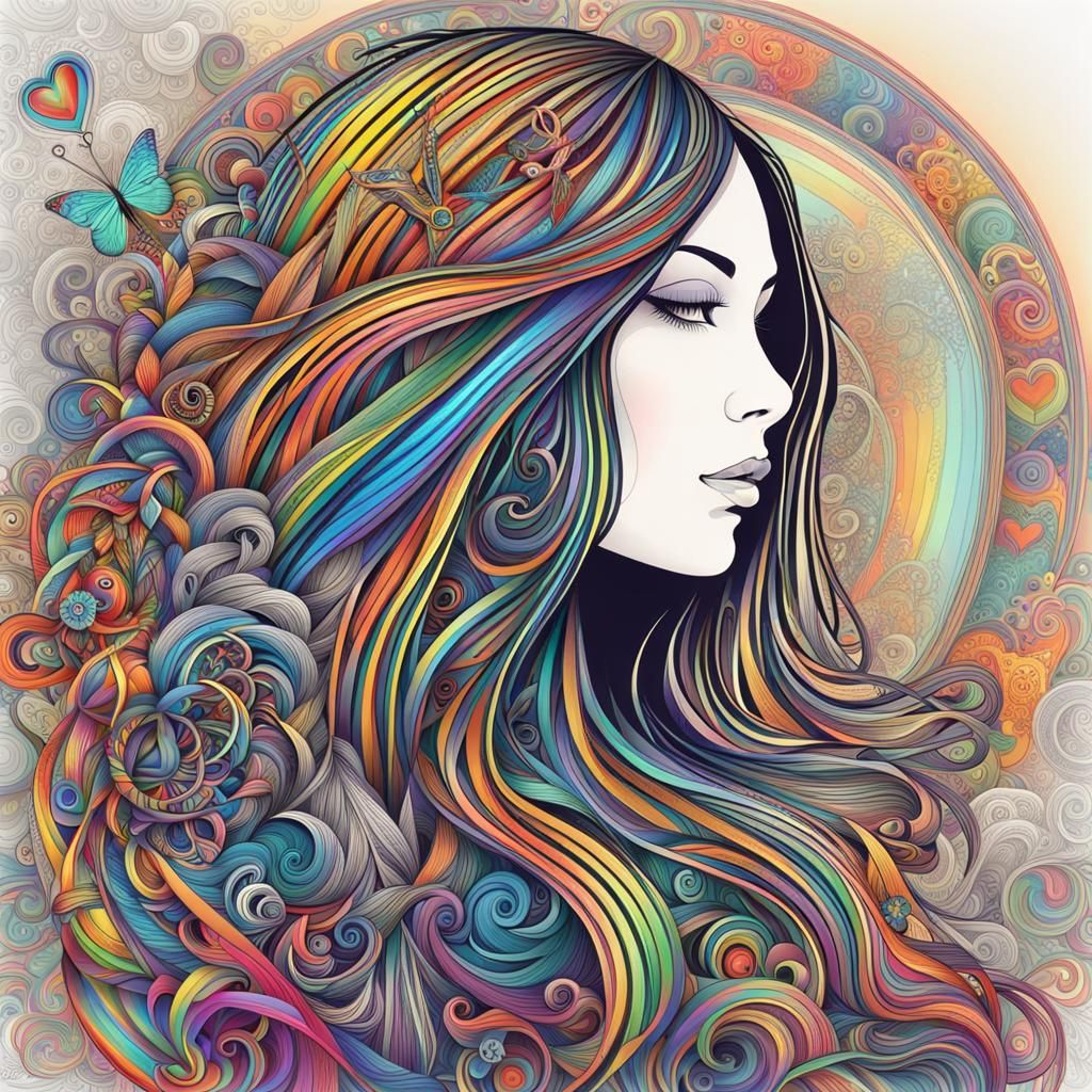 Psychedelic Woman Portrait with Flowing Hair in Zentangle St...