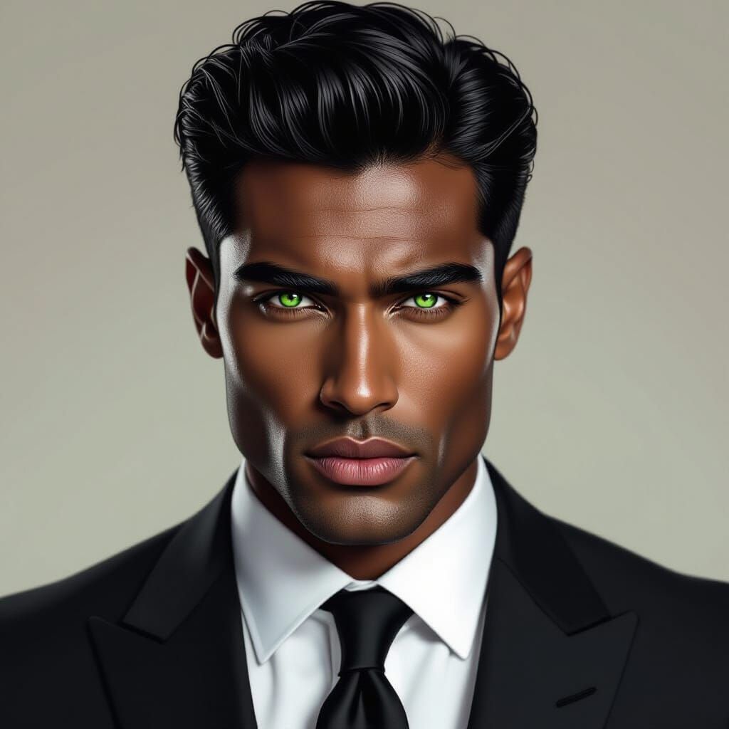 black male with black styled hair and suit and tie with green emerald eyes
 