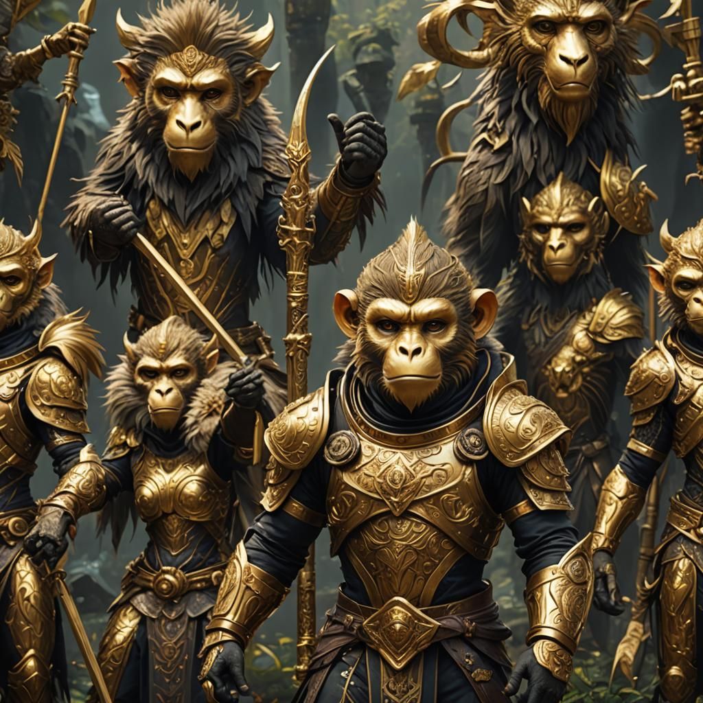 gold monkey in gold armor with gold spear and gold monkey ma...
