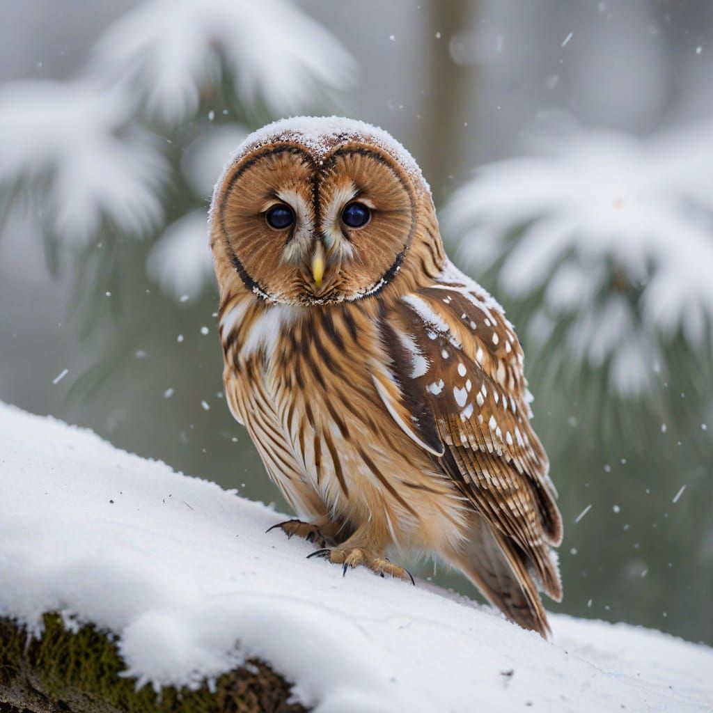 Tawny Owl Perched in Snowy Forest
