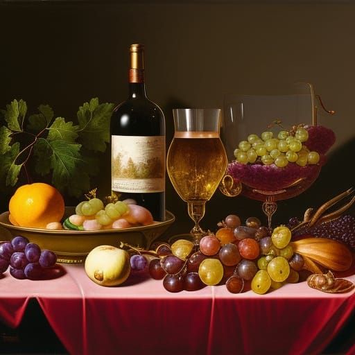 oil painting of still life of cornucopia overflowing with food and wine ...