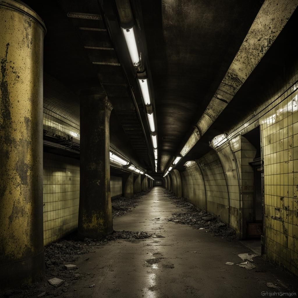 Abandoned underground subway station, grimy, dark  by @Mustard