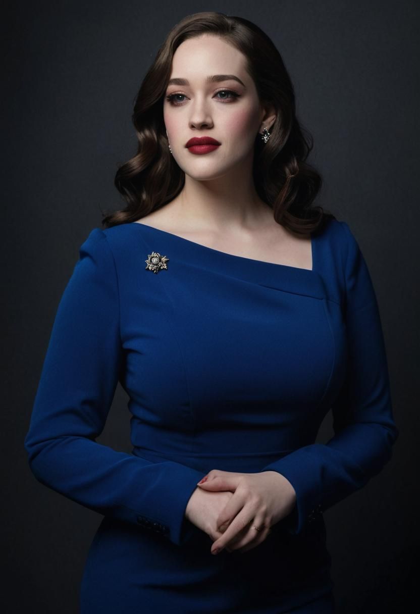 Kate Upton standing against a dark background. She is dressed in a blue dress with long sleeves and a high neckline, which gives her an el...