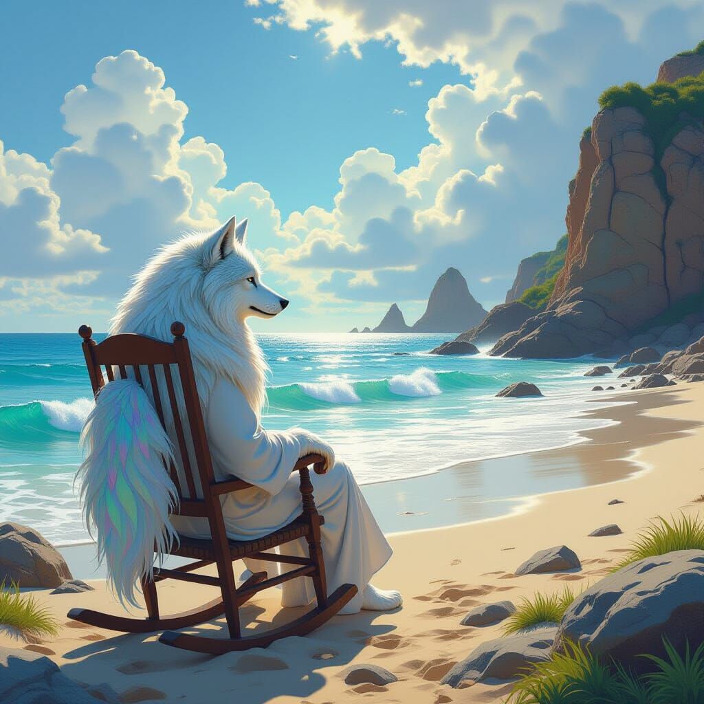 Colossal Wolf on Sunlit Beach, Fantasy Concept Art