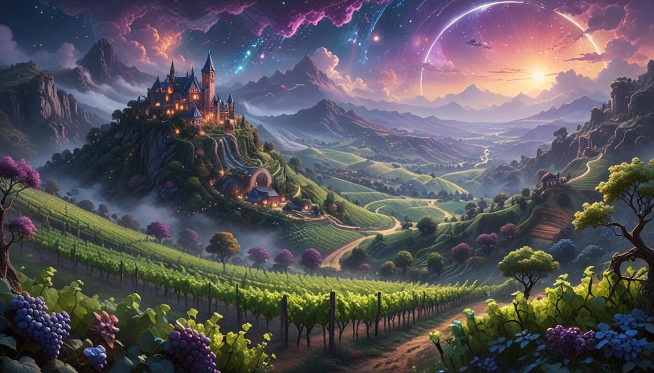  A futuristic magical landscape with rolling hills covered in vertical glowing grapevines.