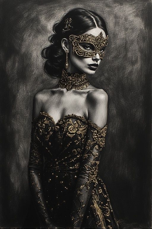 BLACK FEMALE GUNSLINGER IN A VENETIAN MASK DRESSED IN A BLAC...