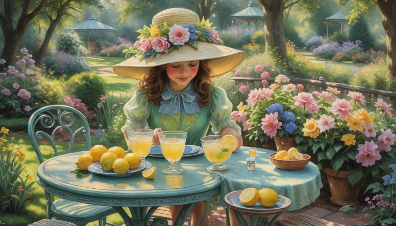 An impressionist pastel drawing of a garden table with lemon...