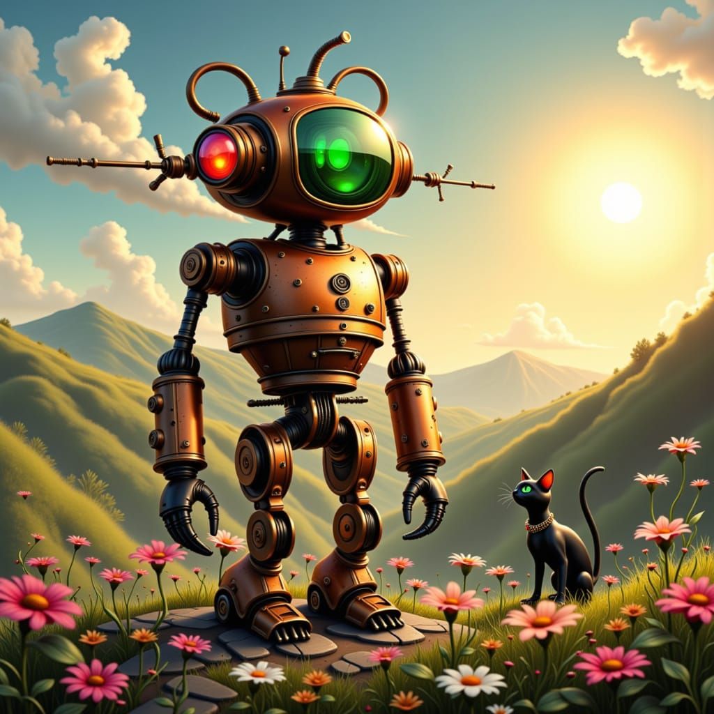 A whimsical, steampunk-inspired robot with a distressed, copper finish and glowing, coloured glass tubes, set amidst a dreamy, surreal lands...
