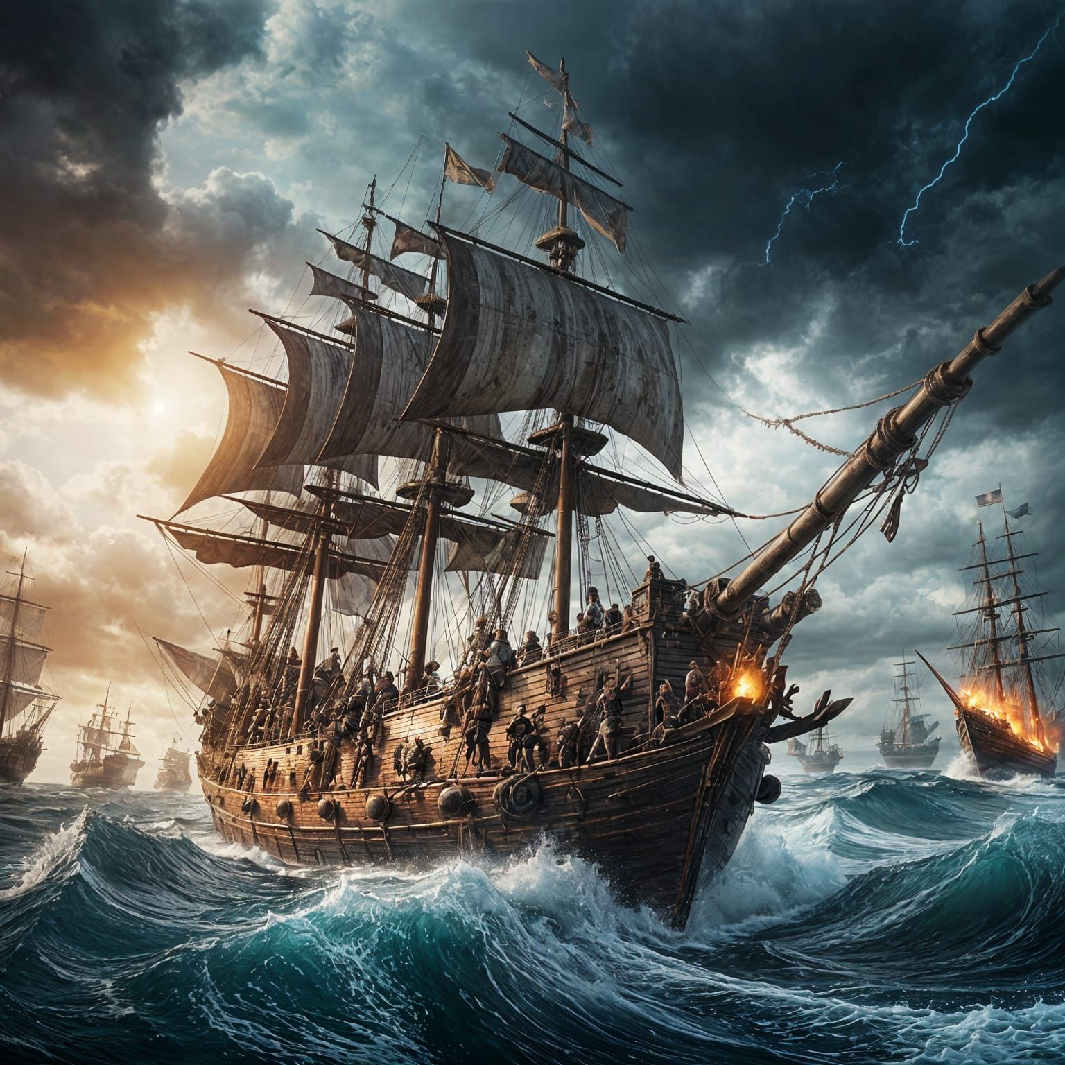 Gothic Pirate War with Stormy Seas and Cannon Fire