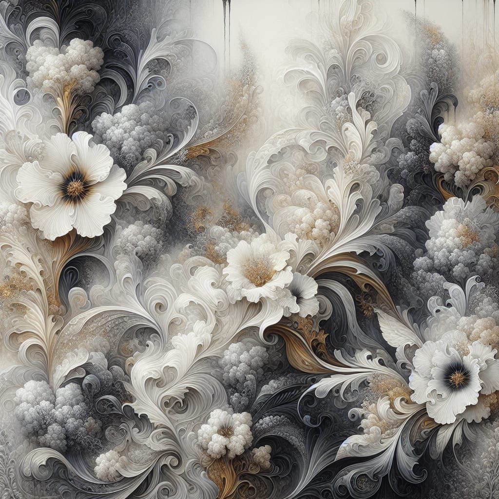 white, hues of gray, bone,and black flowers, with a hint of ...