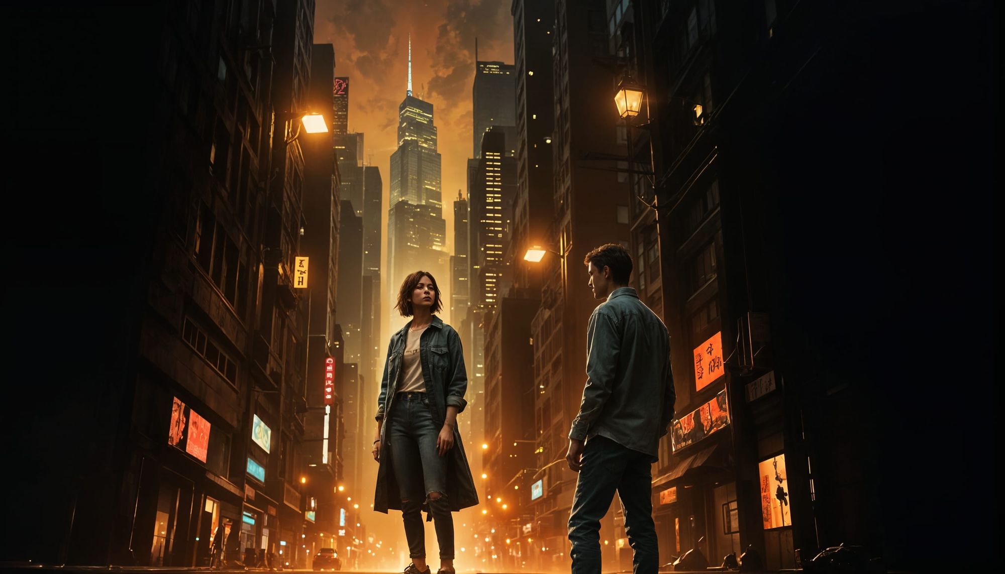 Woman standing in mans shirt , jeans, evening city in background .