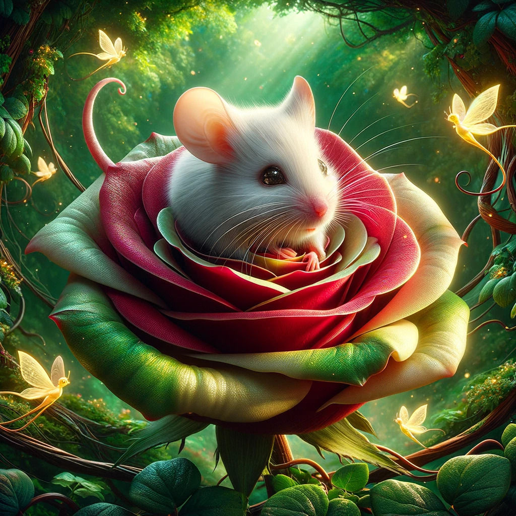 Mouse on a Rose in a Fantastic Forest