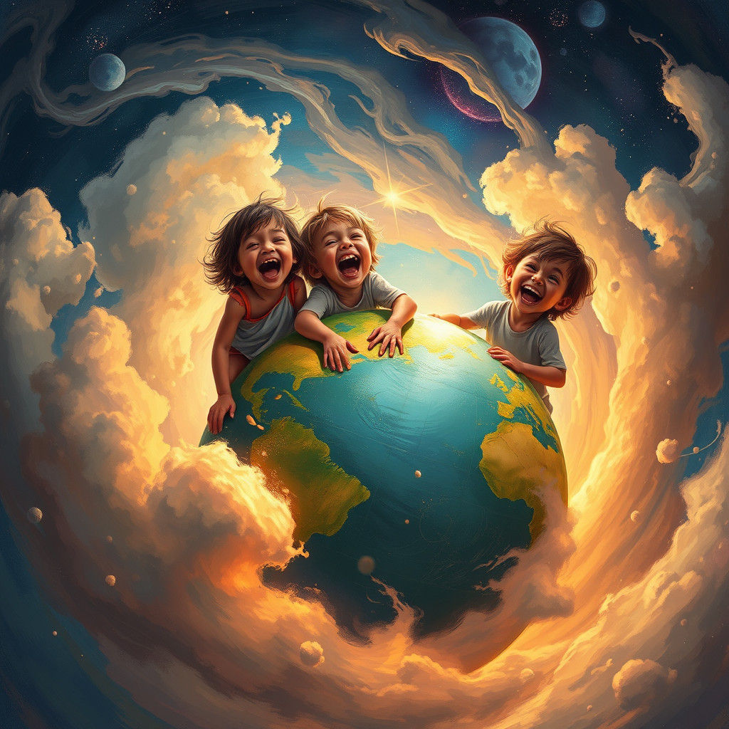Children's Joy on a Swirling Globe: Fantasy Concept Art