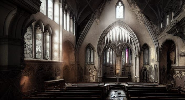 Abandoned Gothic Church in Dark Ominous Atmosphere