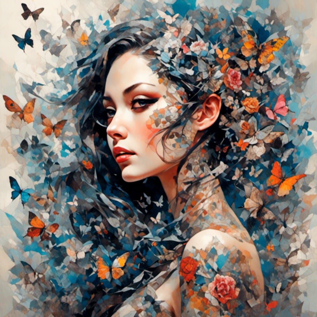 Stunning Woman with Swirling Tattoos in Mixed Media Collage