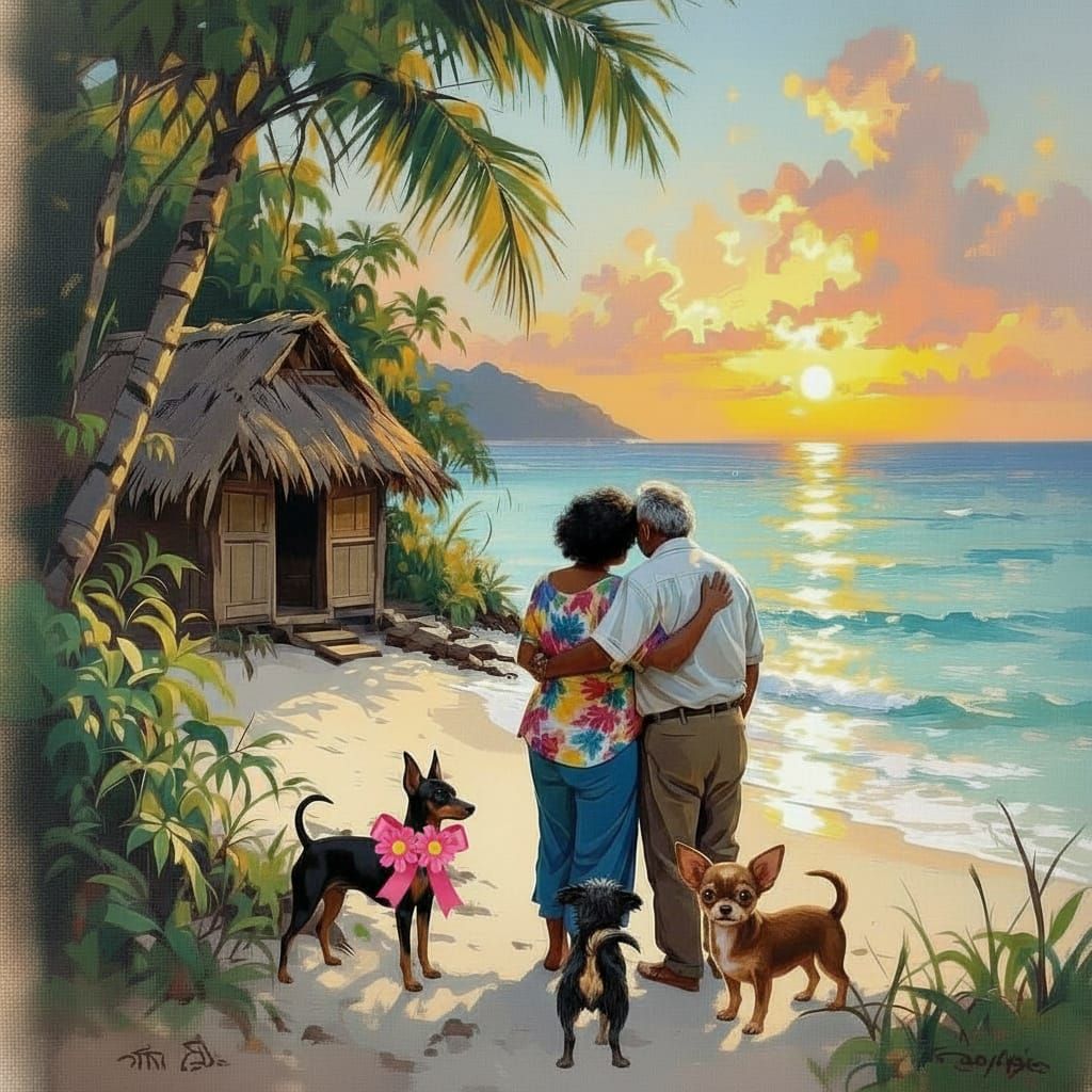 An island somewhere in a tropical place. There is a beautiful sandy beach. Tropical vegetation on the beach. A small hand made hut for livin...