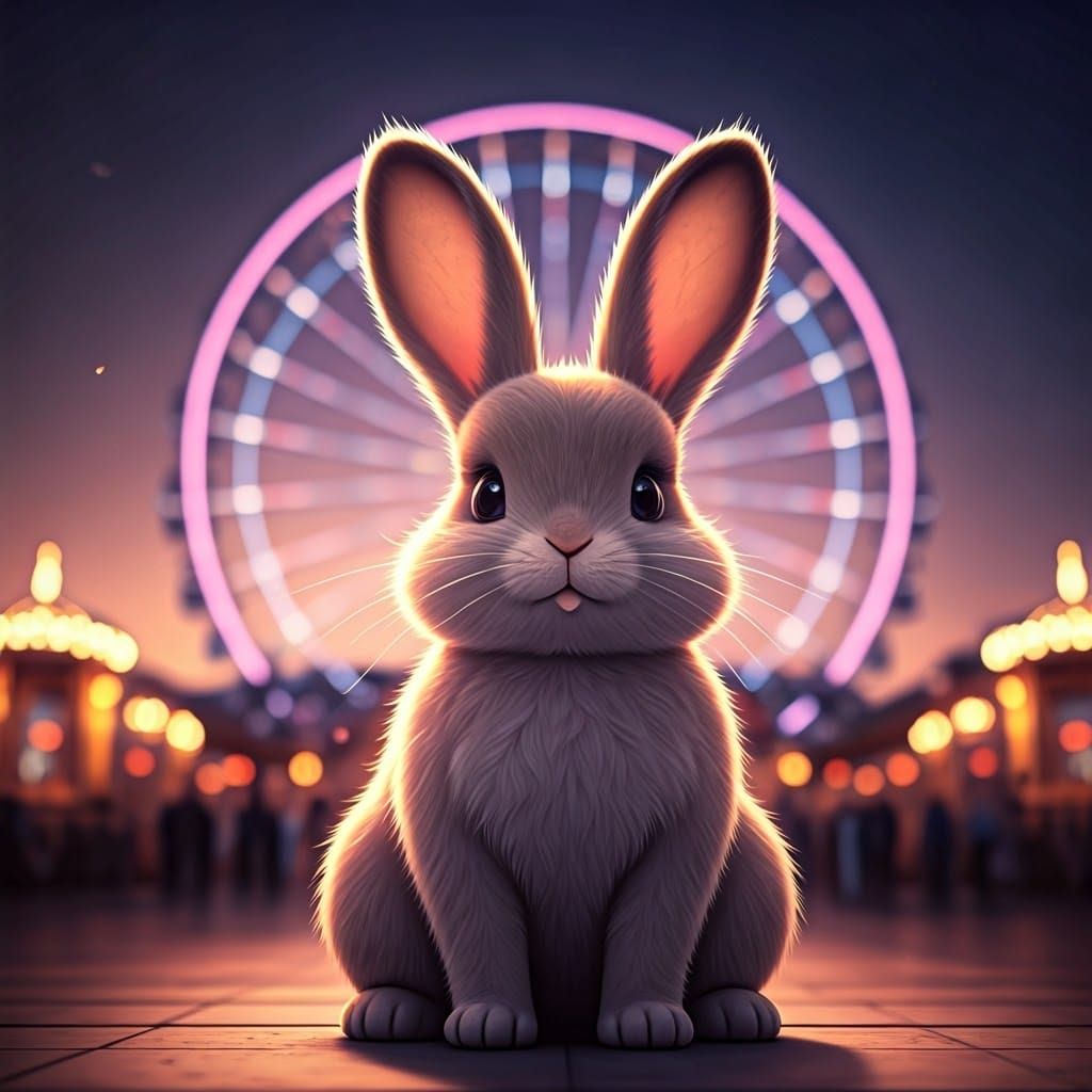 Fluffy Rabbit Posing Before Ferris Wheel in Anime Style