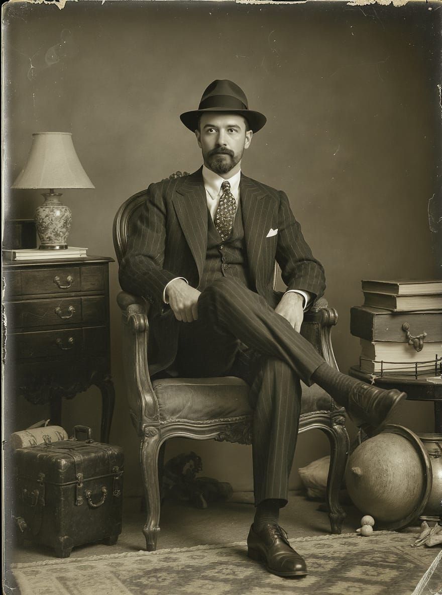 1950s, old photoshoot, a man sits on a chair posting, he wears stylish clothes  by @Lachlan Smith
