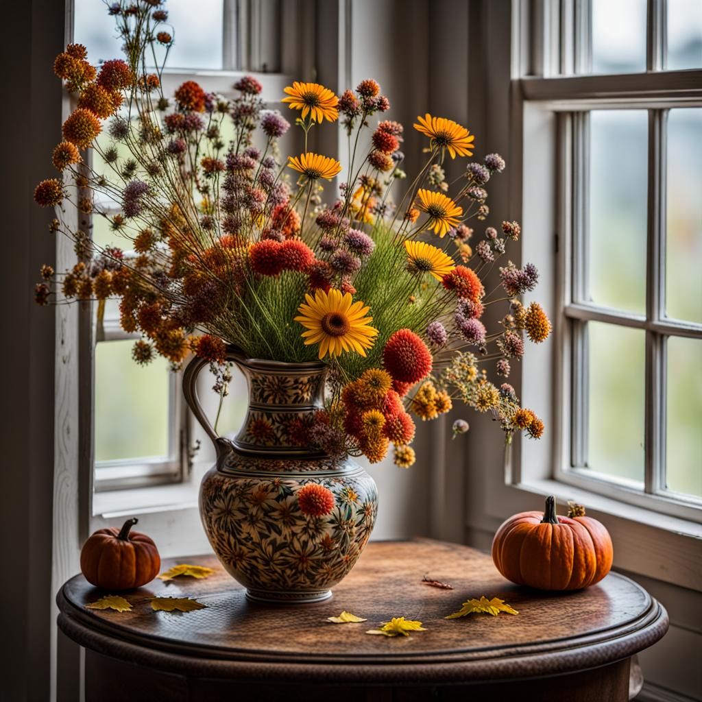 Intricate vase of fall wildflowers on a table by the window"