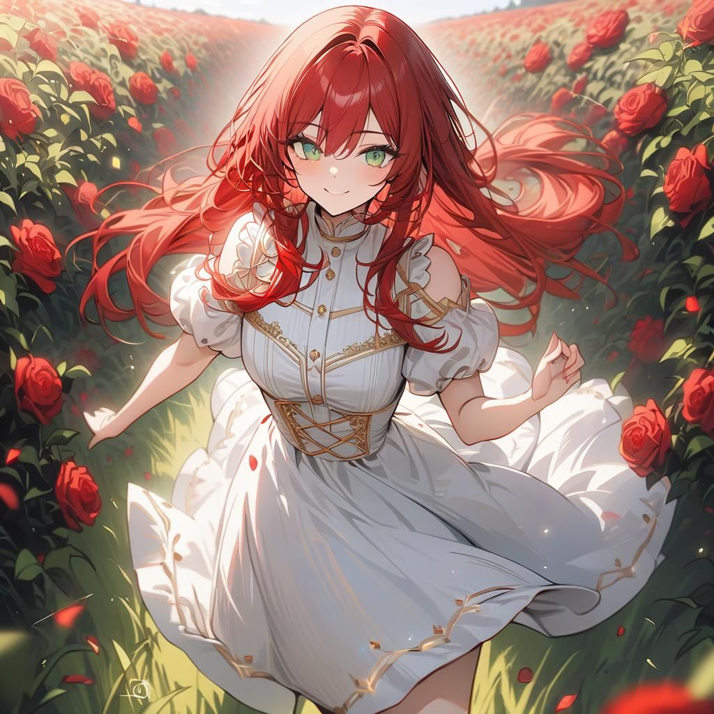 Girl Running Through Rose Field in Summer Dress