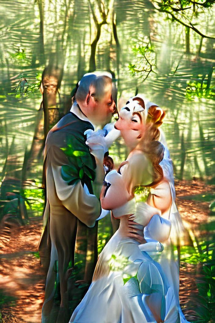 bride and groom look at each other, kiss, sunlit woodland, disney style