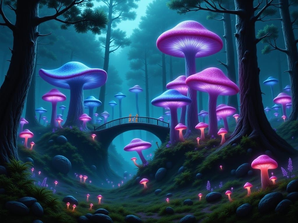 A bioluminescent mushroom city glowing softly in the heart of a dense, primeval forest. Towering mushrooms rise like skyscrapers, with glowi...