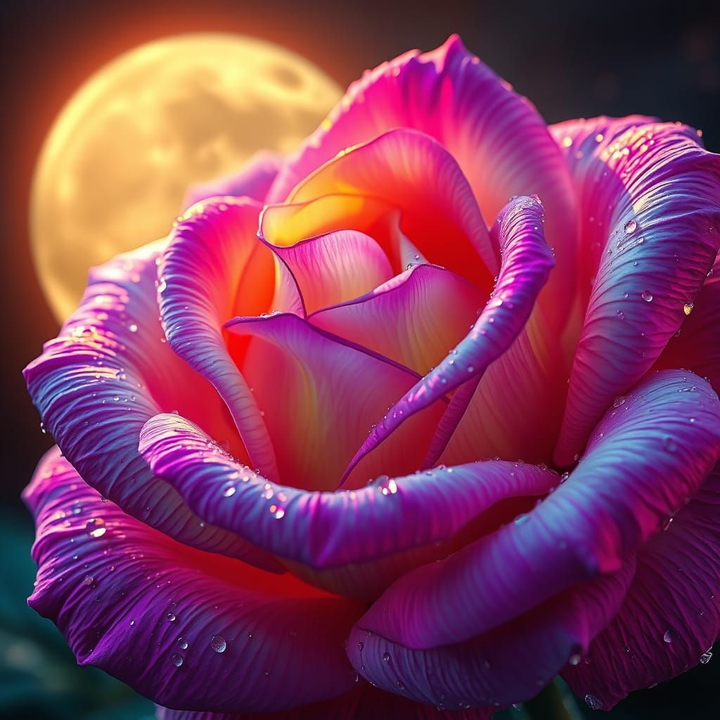 No theme Thursday hyper detailed macro image of a moonlit rainbow rose dotted with dew  by @Mistymaywrite