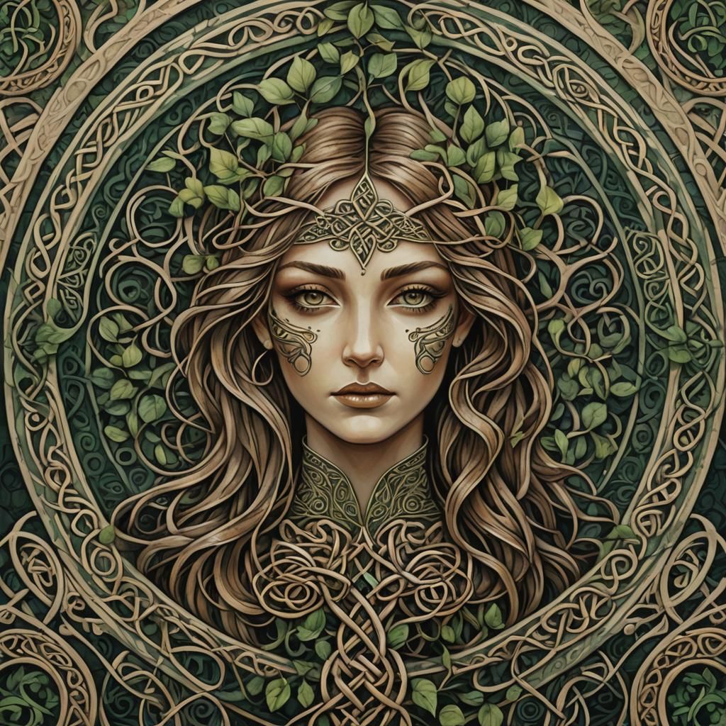 An intricate portrait of the form of the tree of life motif composed entirely of Celtic knots, spirals, ...  by @undefined