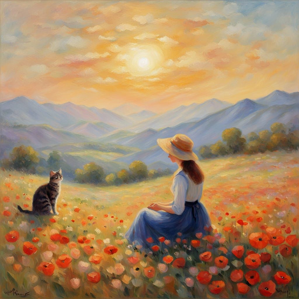 sitting on a rock in a field of poppies 