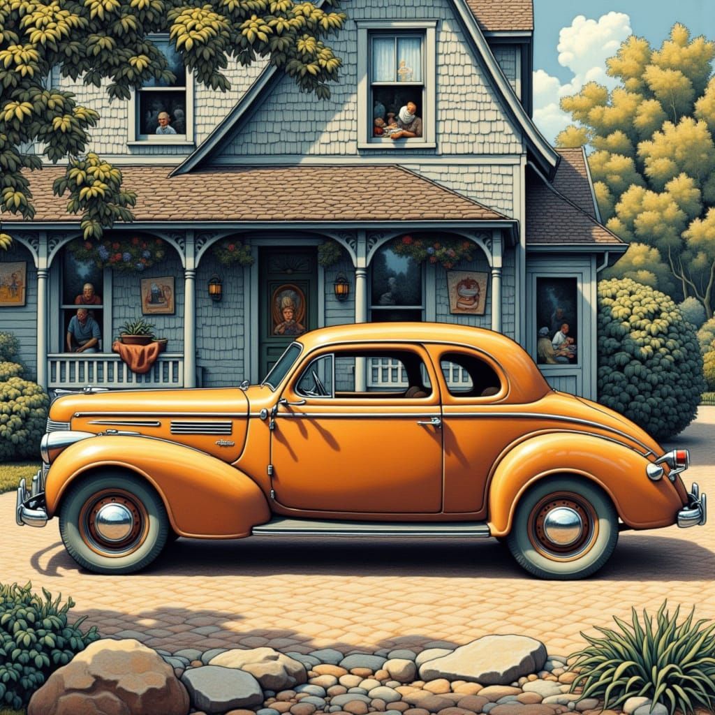 <lora:flat:1.0> old Studebaker car near house 