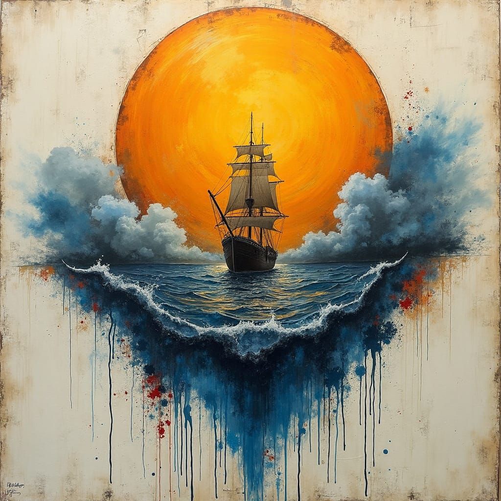 Sailing Ship Emerges from Golden Sun, Mixed Media