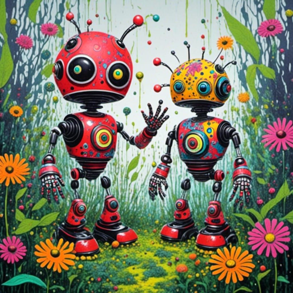 <lora:Flamingo Fancy:1.0> Cute robots in a flower garden 