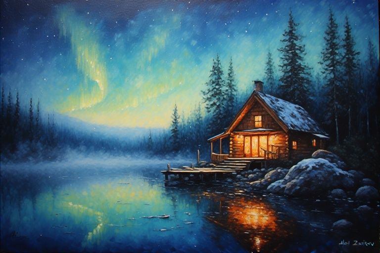 Rock cabin on a misty lake (2)