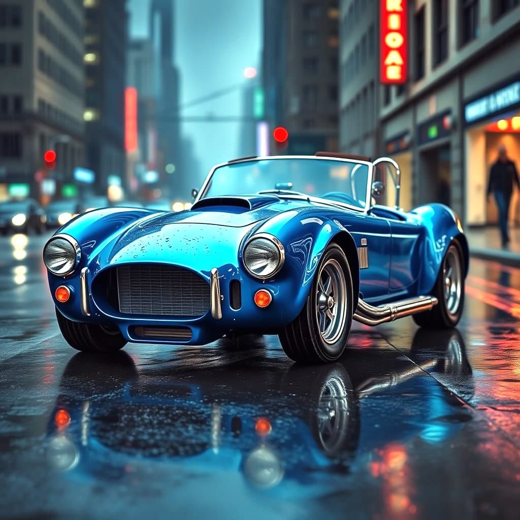 Blue 1962 shelby cobra on a rainy city street.   by @Canoecrayzee