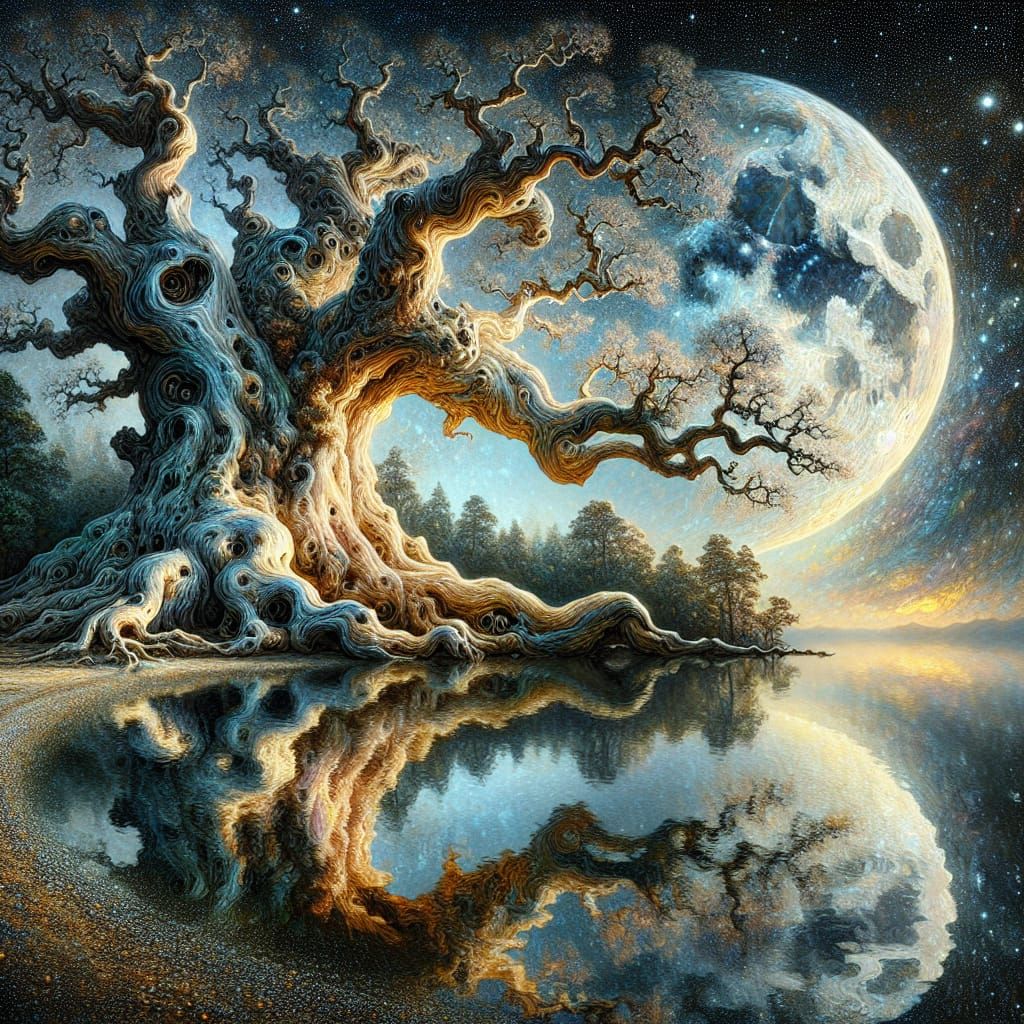 Giant Deformed Old Oak Tree, deformed trunk reflective lake with a big full moon   by @Marshas Creative AI Designs