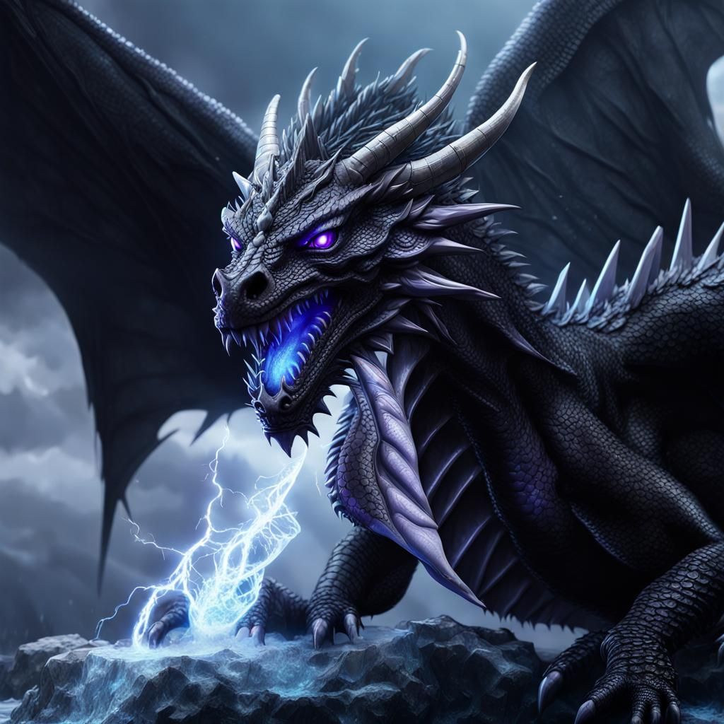 Fierce all black dragon with lightning icy baby blue eyes, ice kingdom ...