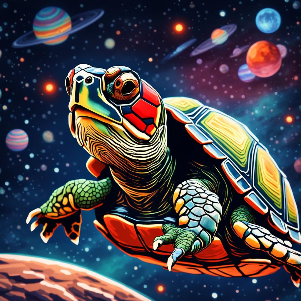 Red-eared Slider Turtle In Outer Space Wearing Spacesuits. Unreal 