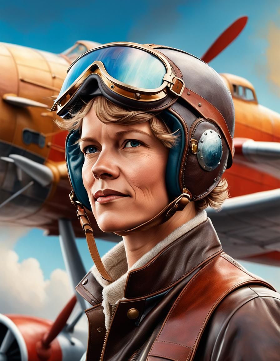Amelia Earhart wearing a leather flying helmet, standing beside her aeroplane Hyperrealistic, splash ...  by @Runway Lights 