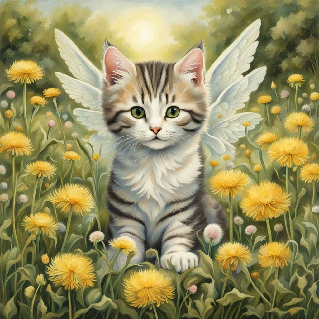A cute baby cat with angel's wings in dandelion garden of th...